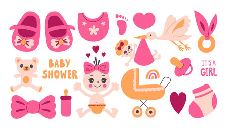 Hand drawn collection of pink vector elements for newborn party, invitation, greeting card, posterのイラスト素材