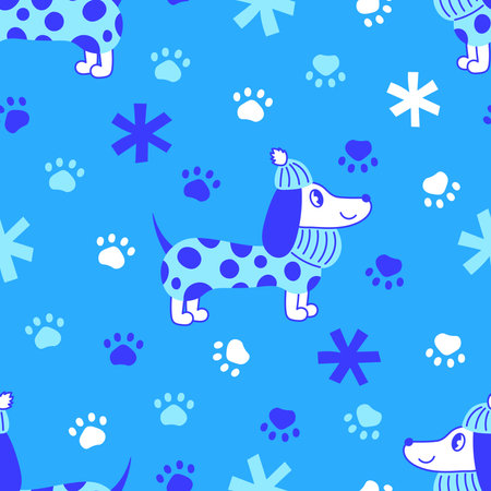 Funny dog in warm clothes vector seamless background. Blue winter seasonal print with snowflakes and paw printのイラスト素材