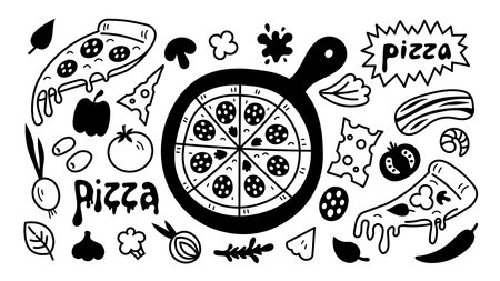 Vector illustration. Hand drawn black line art elements for pizzeria, delivery, restaurant, menu, kitchen design.のイラスト素材