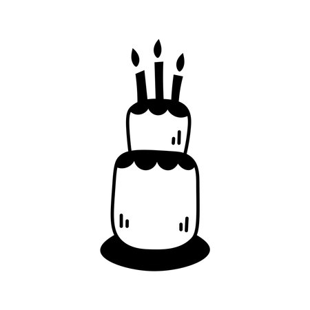 Simple hand drawn cake with three candles. Black line art vector illustration.