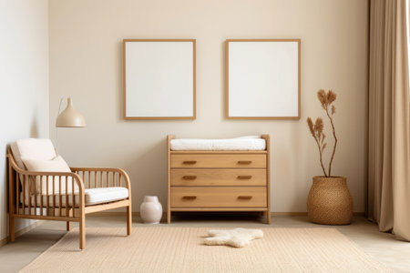 Baby room interior mock up with empty wall art frames, armchair dresser. Idea for nursery furnishing decor. Beige colors.の素材