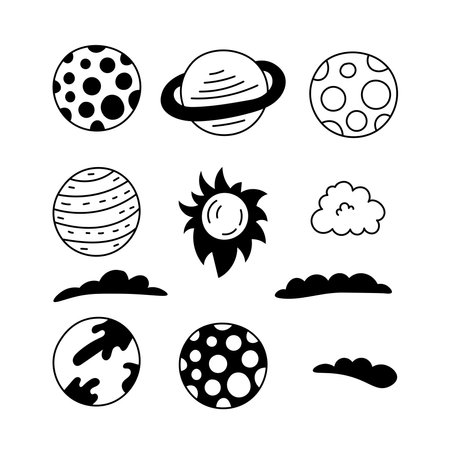 Hand-drawn black line art cosmic objects, cloud, meteorite, asteroid, sunのイラスト素材