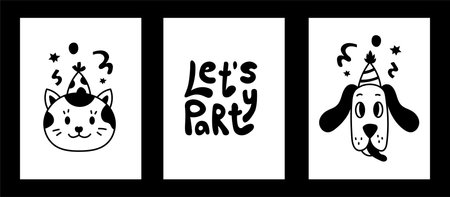 Funny black and white set of birthday cards, invitations with cat, dog, lettering in hand drawn style. Vector illustrationのイラスト素材