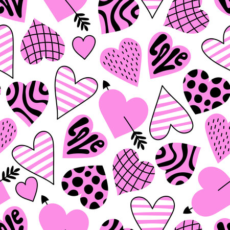 Trendy hand drawn background with falling elements for Valentines day. Romantic aesthetic. Creative designのイラスト素材