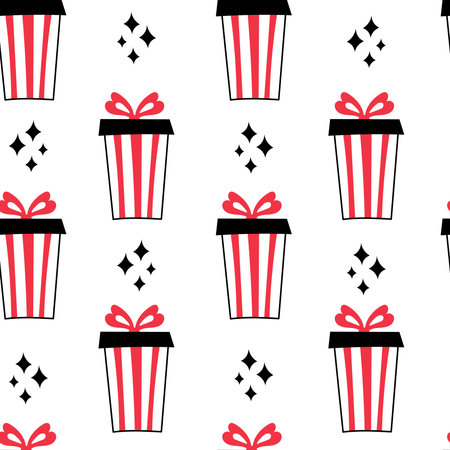 Funny endless background with presents, ribbons bows and stars. Repeat vector illustration in doodle styleのイラスト素材