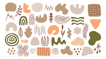Beige brown and green abstract earth forms and doodles collection. Modern wavy flat design. Vector illustration on white backgroundのイラスト素材