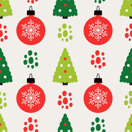 Modern vibrant endless background for xmas decoration with hand-drawn elements, pine, snowflakes and dots. Repeat ornament. Vector illustrationのイラスト素材