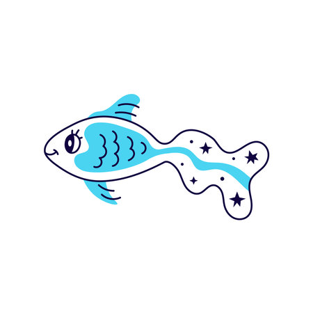Cute elegant blue water animal, marine life element with scales, stars and dots. Childish line art element. Vector illustrationのイラスト素材