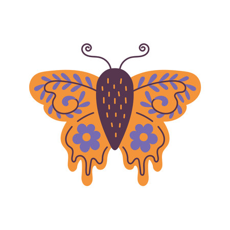 Trendy orange butterfly with textured melting wings with flowers, branches and twigs. Decorative boho aesthetics.のイラスト素材