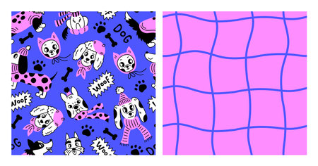 Trendy hand drawn endless background for pets in comic style. Repeat vector illustration for fabric,...