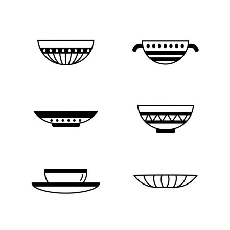 Decorative empty dishes with line ornament. Black outline symbol for restaurant, delivery, cafe. Food vector illustration.のイラスト素材