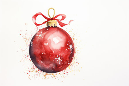Red Christmas ball with ribbon. Watercolor illustration with copy spaceの素材