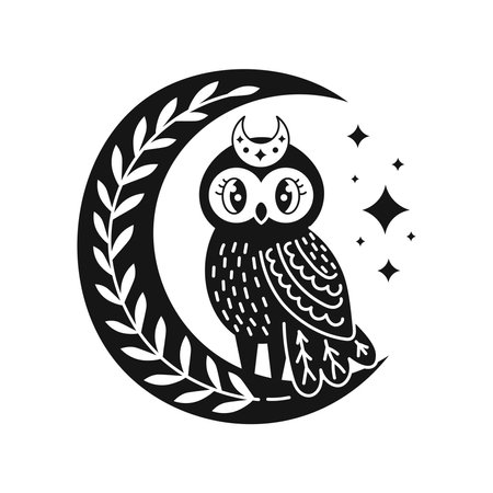 Mystical vector illustration with night bird and crescent in Scandinavian style. Fantasy print, tattoo idea. Black color vector illustration on white backgroundのイラスト素材