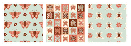 Doodle butterfly and insects colorful endless background in retro style. Repeat vector illustration...