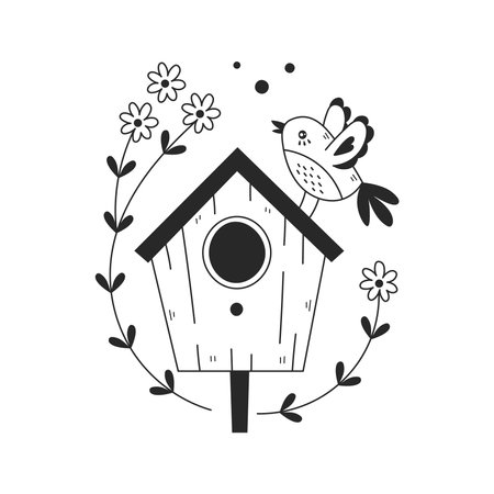 Springtime vector line art. Twigs, branches, leaves and flowers. Funny and cute childish print for kids, greeting card, poster banner, social mediaのイラスト素材