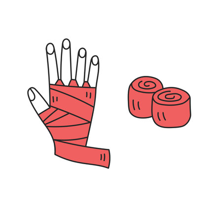 Sports protective bandages and tapes for boxer. Vector illustration in cartoon doodle style. Sketch with red colorのイラスト素材