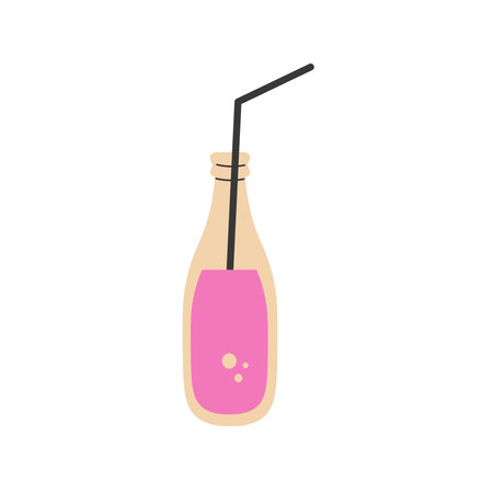 Glass bottle drink with straw vector illustration. Pink soda beverage or juice minimal art. Isolated on white backgroundのイラスト素材