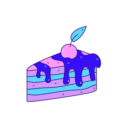 Piece of cake with cherry colorful doodle vector illustration. Hand drawn outline food art. Sweet...