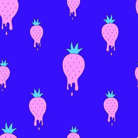 Melting strawberry seamless pattern. Modern colorful doodle style background with liquid sweet ripe berry. Repeat vector illustration for fabric wallpaper wrapping paperのイラスト素材