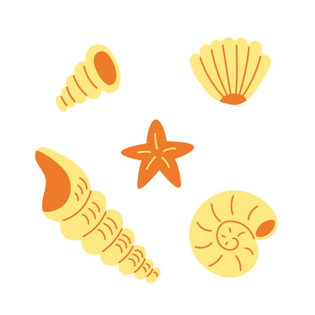 Seashells and starfish vector illustration set. Collection of hand drawn coast beach elements. Summer decoration. Isolated on white backgroundのイラスト素材