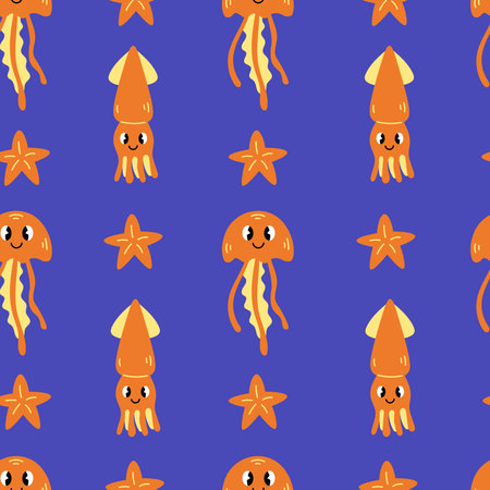 Underwater seamless pattern with cute jellyfish squid starfish. Modern colorful childish background with cartoon sea animals. Underwater wildlife repeat vector illustrationのイラスト素材