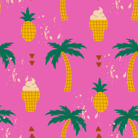 Vintage summer seamless pattern with palm tree. Vibrant colored summer background with pineapple...