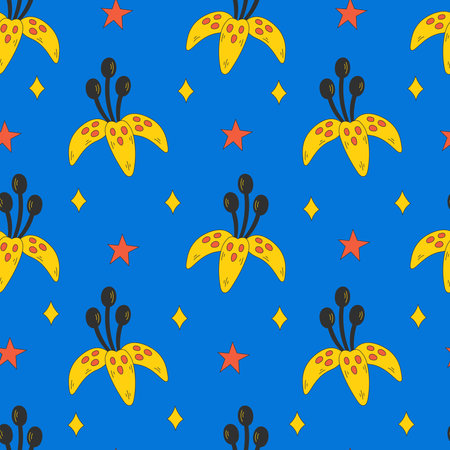 Colorful floral psychedelic seamless pattern. Modern background with lily flower stars vibrant colors. Repeat vector illustration for party decorationのイラスト素材