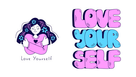 Self love lettering with hugging girl vector illustration. Motivational phrase Love yourself. Woman hugging herself.のイラスト素材
