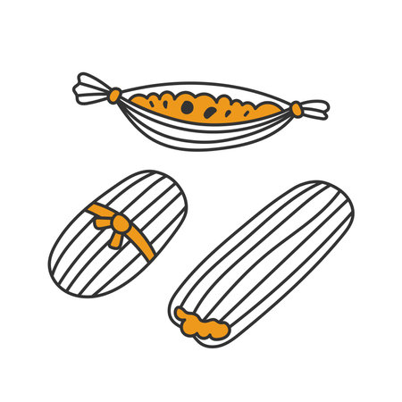 Tamales Mexican food doodle vector illustration. Spanish traditional dish made from masa. Various serving options in cartoon style. For restaurant menu designのイラスト素材