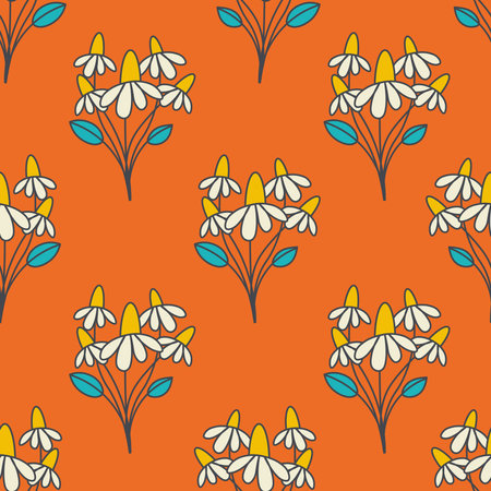 Chamomile bouquet Seamless Pattern in Retro style. Vintage floral background with flowers and leaves. Colorful summer autumn fall design. Repeat vector illustrationのイラスト素材