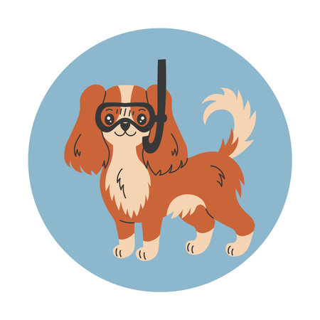 Spaniel dog wearing diving mask glasses and snorkel. Cute cartoon puppy with summer accessory. Summertime activity. Pet vector illustration on circle background.のイラスト素材
