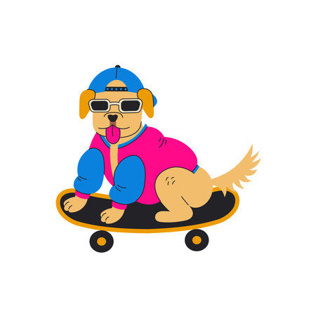 Labrador dog riding on skateboard 90s. Y2k fashion puppy wearing sunglasses cap and fashionable jacket showing tongue and sitting on penny boardのイラスト素材