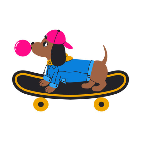 Dachshund dog rides on skateboard 90s vector illustration. Y2k street fashion puppy blowing bubble gum.のイラスト素材