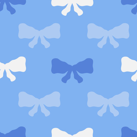Modern monochrome seamless pattern with ribbon bow. Blue celebratory abstract background. Minimal design with wavy shapes. Repeat vector illustrationのイラスト素材