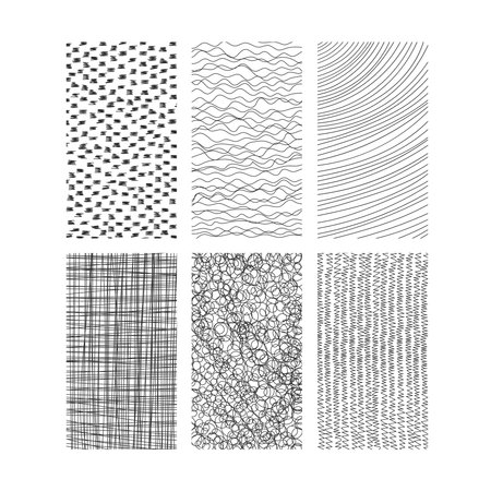 Hand drawn textures vertical backgrounds set. 1920x1080 Freehand black and white abstract textured rectangles collection with grunge line scribbles. Vector illustrationのイラスト素材