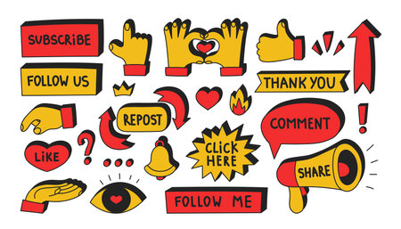 Social media stickers vector set. Call to action collection of various icons buttons for video post blog. Subscribe comment like repost signs.のイラスト素材