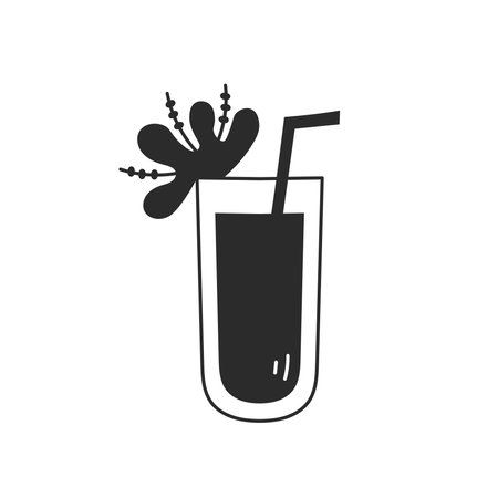 Cocktail drink in glass with straw and flower icon. Hand drawn beverage symbol in doodle style. Alcohol juice isolated vector illustrationのイラスト素材