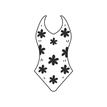 Woman swimsuit doodle vector illustration. Hand drawn female swimwear with flowers sketch. Isolated black line art. Summer beach accessory fashion clothingのイラスト素材