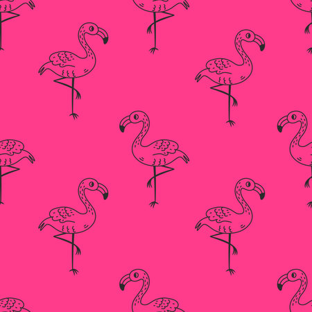 Flamingo Pink Seamless Pattern. Exotic Bird Character Doodle Repeat vector illustration cartoon style. Tropical background.のイラスト素材