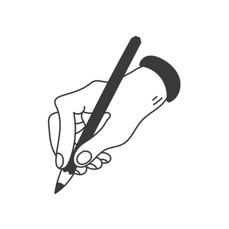 Hand with Pencil Doodle Icon. Hand drawn writing symbol. Artist Painter Writer sign. Isolated vector illustrationのイラスト素材