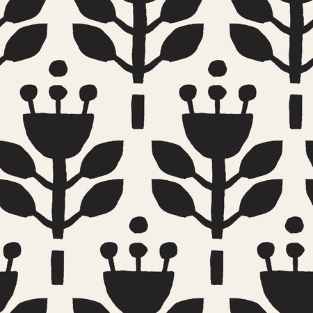 Geometric Flowers Black and White Seamless Pattern in Hand drawn style. Minimal Monochrome contemporary art. Scandinavian botanical background. Trendy Floral Seamless Patternのイラスト素材