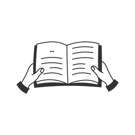 Two Hands Holding Open Book Doodle Icon. Hand drawn line vector illustration. Reading Knowledge Literature Studying outline symbol.のイラスト素材
