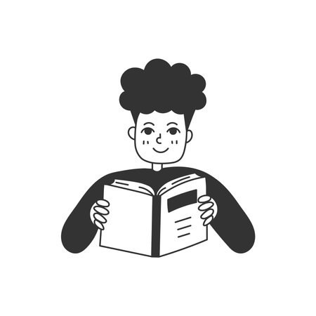 Boy Reading Book Doodle vector Illustration. Hand drawn cartoon person. Sketchy art. Literature Library Studying knowledge concept. Black line human.のイラスト素材