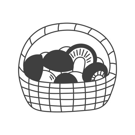 Mushroom Basket Doodle Line Icon. Hand drawn vector illustration in sketch style. Autumn Fall Forest Symbolのイラスト素材