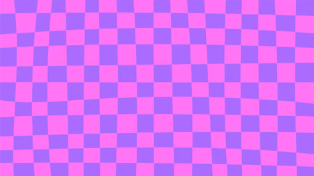 Purple Chessboard Background. Hand drawn curvy checkerboard texture. Distorted optical illusion 1920x1080 backdrop. Vector illustrationのイラスト素材