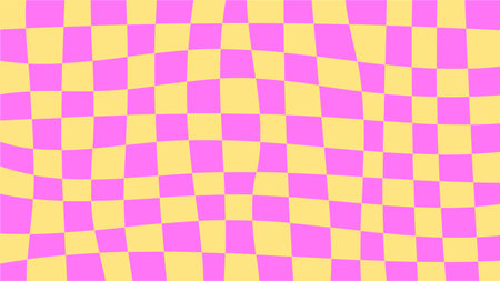 Playful Chessboard Background. Modern vibrant pink and yellow 1920x1080 ratio backdrop with curvy wavy distorted texture. Vector illustration.のイラスト素材