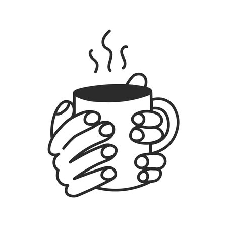 Mug with steam in two hands line doodle icon. Hand drawn hot drink symbol. Coffee or tea cup. Isolated vector illustrationのイラスト素材