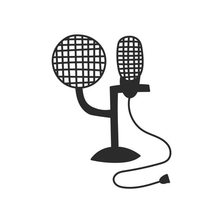 Recording Microphone Doodle Illustration. Hand drawn studio vocal mic. Isolated vector illustration in cartoon sketch style.のイラスト素材