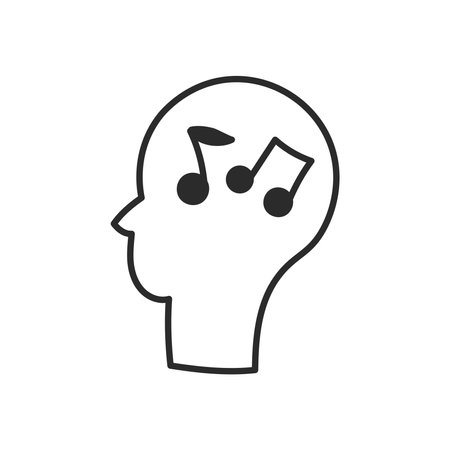 Outline Head with Musical Notes Symbols. Hand drawn Sound and Music Icon in doodle line style. Listen to audio sign. Isolated vector illustrationのイラスト素材