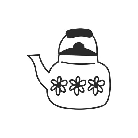 Vintage Teapot Doodle Icon. Hand drawn tea time line symbol. Kitchenware. Kettle decorated with chamomile flowers sketch. Isolated vector illustrationのイラスト素材